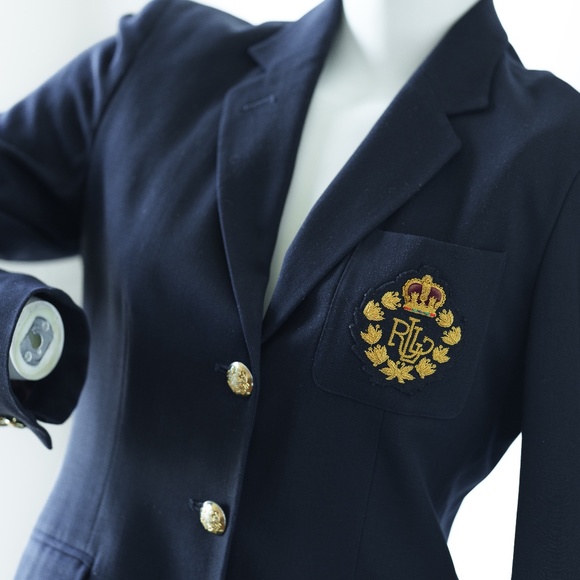 RALPH LAUREN Vintage Wool Blazer, Navy blue Gold Crown Crest, Size 4 P / 2 R - Picture 2 of 11